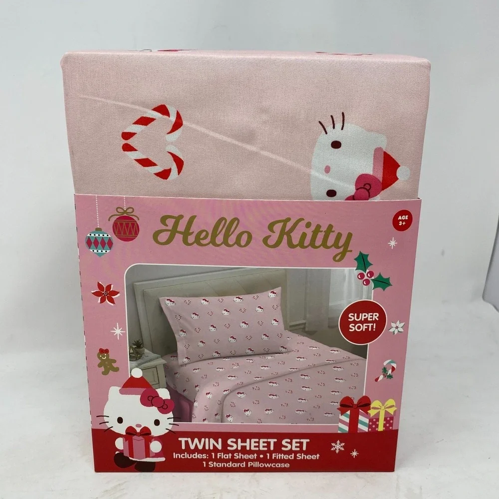 Hello Kitty & Friends Twin Sheet Set Holiday Santa Christmas Pink Candy Canes‎